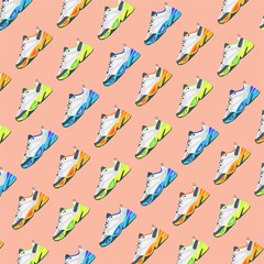 Trendy background from sneakers or realistic trendy sports sneakers for training and fitness. flat set in bright colors on isolated background. EPS 10 vector.