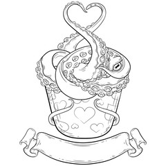 Loving Monster Dessert line art vector illustration. Ribbon blank frame with space for text. Coloring book page design. Valentine's Day design template. Vintage style design template. Menu decoration