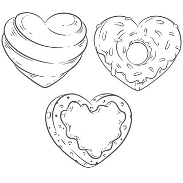 Heart Shaped Candy, Donut and Cookie vector line art illustration set. Coloring book page design. Valentine's Day design set. Vintage style menu decoration. Wedding designs decoration set