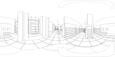 spherical panorama of the interior, contour visualization, 3D illustration, sketch, outline