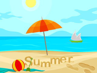 Fototapeta na wymiar Simple vector beach scene illustration with an umbrella as main focus, sand, sea, sky, and summer letters