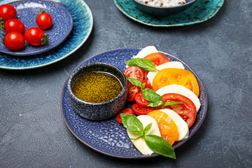 Mozzarella cheese with tomatoes, basil and oil on dark background