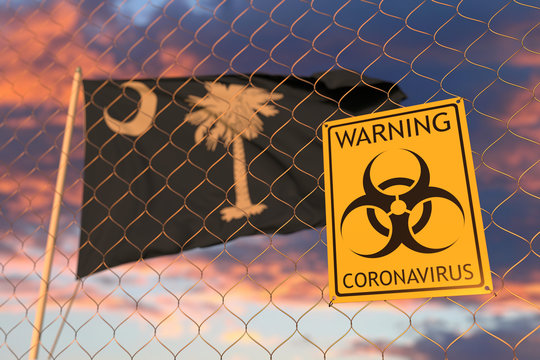 Biohazard coronavirus sign against flying flag of South Carolina. Quarantine related 3D rendering