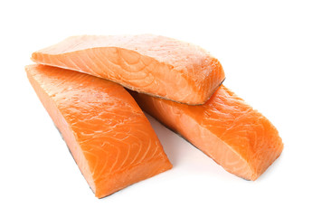 Raw salmon fillet on white background