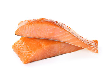 Raw salmon fillet on white background