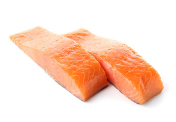 Raw salmon fillet on white background
