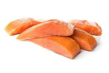 Raw salmon fillet on white background