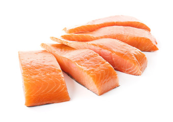 Raw salmon fillet on white background