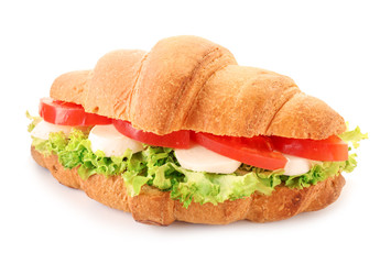 Tasty croissant sandwich on white background