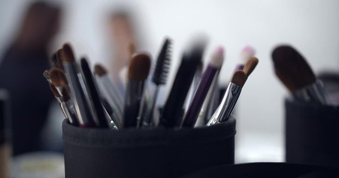 panorama of many brushes of a professional makeup artist