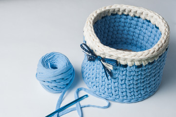 Knitted crochet baskets. Home hobby. Crochet thick threads. Knitting yarn