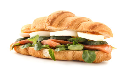 Tasty croissant sandwich on white background