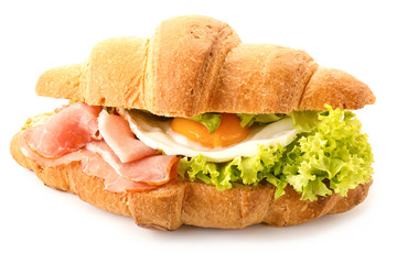 Tasty croissant sandwich on white background