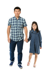 Fototapeta premium Happy Asian man and his little daughter on white background
