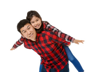 Happy Asian man and his little daughter on white background