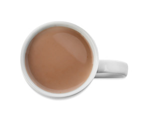 Cup of hot cocoa drink on white background