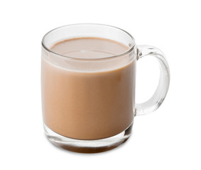 Cup of hot cocoa drink on white background