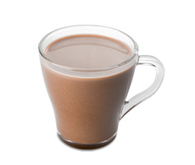 Cup of hot cocoa drink on white background