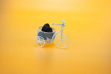 Little white basket looks like bicycle with fresh blackberry on yellow background. Sweet blackberry berries in the basket close up. Fresh bio and organic concept.