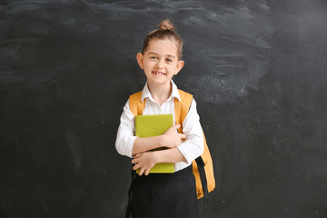 Cute little schoolgirl near blackboard in classroom
