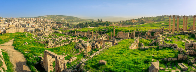 Panorama overview of the Roman site of Gerasa, Jerash, Jordan, with ruins, pillars and remains of...