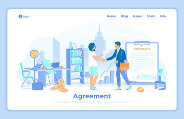 Agreement, Partnership, Sponsoring, Business idea, Startup, Success deal. Business people shaking hands after signing contract. landing web page design template decorated with people characters.