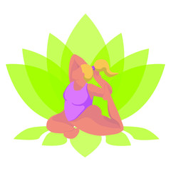 Vector illustration of an attractive overweight woman on lotus background in flat style. Happy yoga plus size girl. Happy body positive concept.