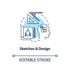 Sketches and design concept icon. Paperwork, plan forming idea thin line illustration. Groundwork, creative design process step. Vector isolated outline RGB color drawing. Editable stroke