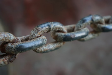 Close up of Steel chain, Rusty chains. Selective focus