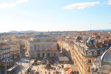 Fototapeta premium Beautiful aerial view over Comedy square in Montpellier, its opera and the three graces fountain, France
