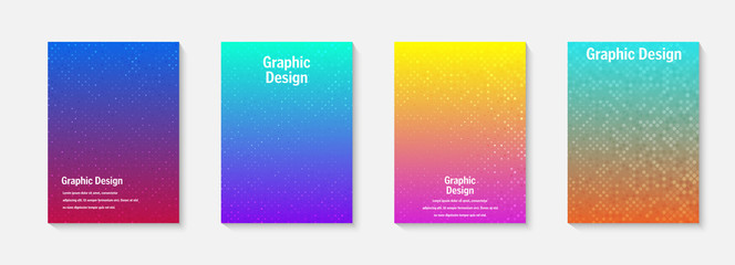 Vector halftone cover design templates. Layout set for covers of books, albums, notebooks, reports, magazines. Dot halftone gradient effect, modern abstract design. Geometric mock-up texture.