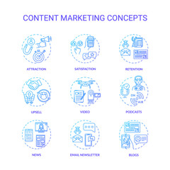 Content marketing concept icons set. Internet advertising, online customer attraction strategies idea thin line RGB color illustrations. Vector isolated outline drawings
