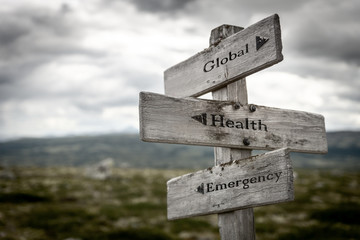 Global, health and emergency text on wooden signpost with moody color toning outdoors in nature. To illustrate the Covid 19 virus.