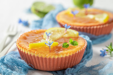 Sweet and fresh lemon cheesecake with yellow jelly