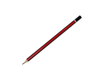 Wooden pencil with red and black stripes. A wooden graphite pencil with a rubber eraser is isolated on a white background.