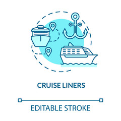Cruise liners turquoise concept icon. Marine tourism with passenger ship. Trip with water vessel. Boat voyage idea thin line illustration. Vector isolated outline RGB color drawing. Editable stroke
