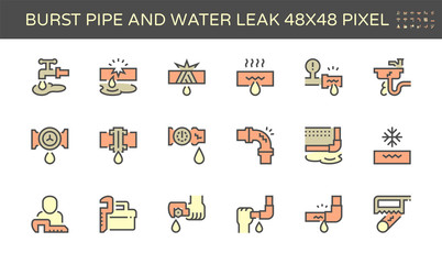 Burst pipe and water leak vector icon set design, 48X48 pixel perfect and editable stroke.