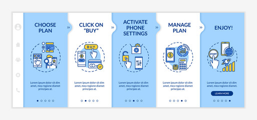 Tariff plan activation onboarding vector template. Gadget settings, mobile phone costs control. Responsive mobile website with icons. Webpage walkthrough step screens. RGB color concept