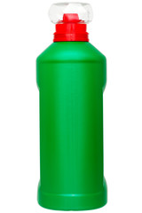 green unlable plastic bottle with detergent with a transparent cap and a red dispenser, isolated object for disinfection on a white background.