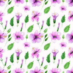 Fototapeta na wymiar Beautiful tropical flowers pattern. Hand drawn watercolor hibiscus flowers isolated on white background