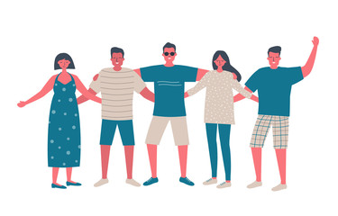 Friends are standing and hugging. Young men and young women in summer casual wear are standing together. International Friendship Day concept. Vector illustration in flat funky design