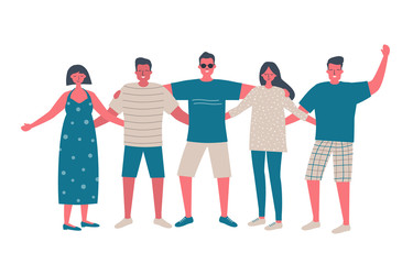 Obraz premium Friends are standing and hugging. Young men and young women in summer casual wear are standing together. International Friendship Day concept. Vector illustration in flat funky design