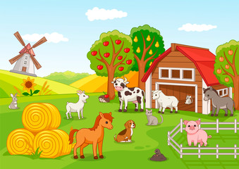 Obraz na płótnie Canvas Colorful farmyard with assorted animals gathered outside a wooden barn and fruit orchard with laden trees against a backdrop of rolling green hills and windmill, vector illustration