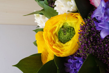 bouquet of hyacinth rannunculus tulip background