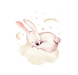 Aquarel Happy Easter baby konijntjes ontwerp met lente bloesem bloem. Konijn bunny kinderen illustratie geïsoleerd. cartoon bos haas dier konijn vakantie grappige decoratie. Kwekerij posterontwerp.