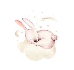 Poster Schattige konijntjes Aquarel Happy Easter baby konijntjes ontwerp met lente bloesem bloem. Konijn bunny kinderen illustratie geïsoleerd. cartoon bos haas dier konijn vakantie grappige decoratie. Kwekerij posterontwerp.