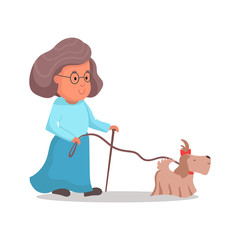 Happy Old senior woman is walking with her dog. Aged grey haired and beautiful woman, cartoon character. Flat style modern vector illustration isolated on white background. 