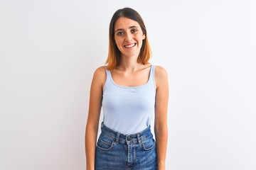 Beautiful redhead woman standing over isolated background with a happy and cool smile on face. Lucky person.