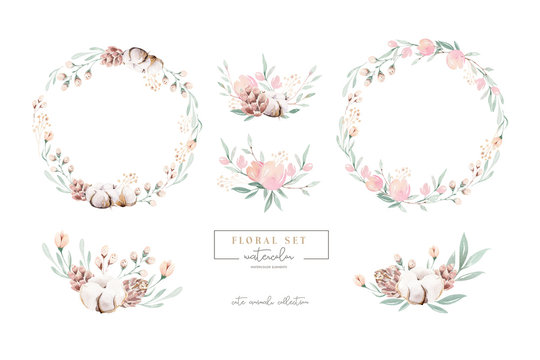 Watercolor floral wreath and bouquet frame illustration with cotton balls peach color, white, pink, vivid flowers, green leaves, for wedding stationary, greetings, wallpapers wrapping, DIY.