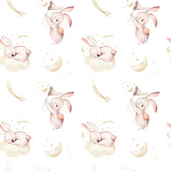 Cute baby rabbit animal seamless dream pattern comet with gold starsin night sky, forest bunny illustration for children clothing. Nursery Wallpaper